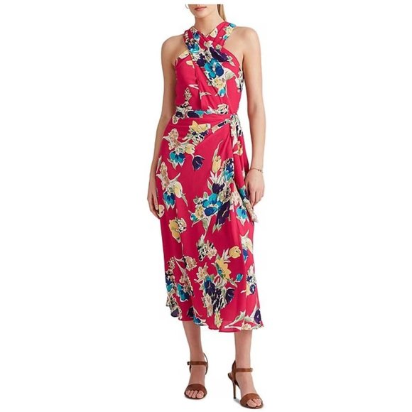 NWT Lauren Ralph Lauren Floral Print Georgette Pleated  Cross Over Halter Neck - Picture 3 of 13